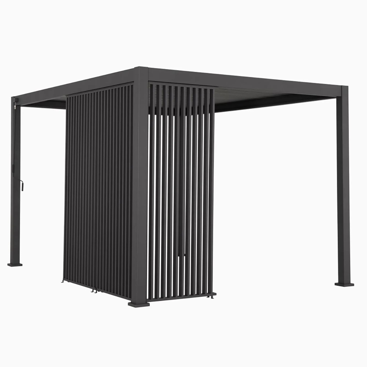 Terrassenüberdachung mit grauer Vertical Wand 93 cm aus Aluminium mit Lamellen für 300 cm Breite.
