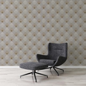 Grau-goldene Vliestapete mit Rautenmuster im Art Deco Stil. Dekorative Tapete für Wohn- und Esszimmer.