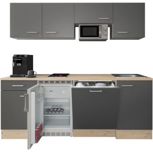 Flex-Well Büroküche Morena, 210 cm, basaltgrau/San Remo Eiche: Singleküche mit E-Geräten.