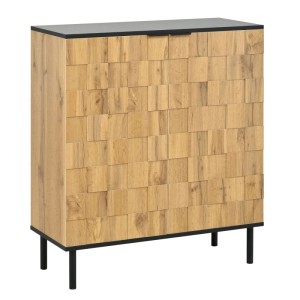 Schuhschrank in Holzoptik mit Mosaik-Front, 2 Türen und verstellbaren Fächern. Schwarze Metallfüße. Für Flur & Wohnzimmer.