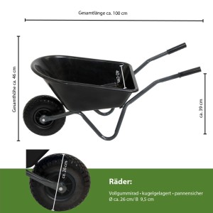 Schwarze Kinderschubkarre mit Kunststoffwanne und Vollgummireifen, ideal für Spiel & Spaß im Garten.