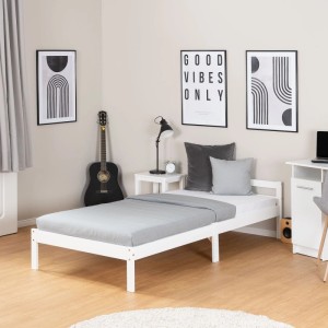 Weißes Homestyle4u Holzbett 90x200 cm aus Kiefernholz mit Lattenrost. Schlichtes Einzelbett für Schlafzimmer.