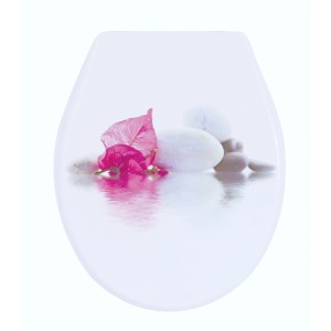 MSV WC-Sitz Borneo mit Stein- und Blüten-Motiv in Weiß-Pink, MDF, 46x37cm.