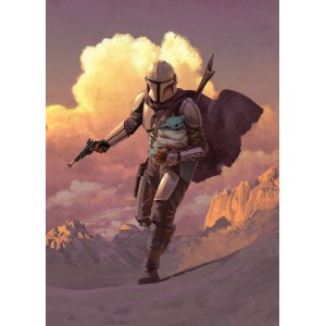 Komar Vliesfototapete Mandalorian Escape mit Mandalorianer und Baby Yoda vor Wüstenlandschaft.