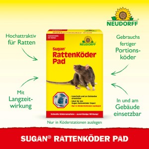 Neudorff Sugan Rattenköder Pad 400g: Köderpackung mit Ratte auf gelbem Hintergrund.