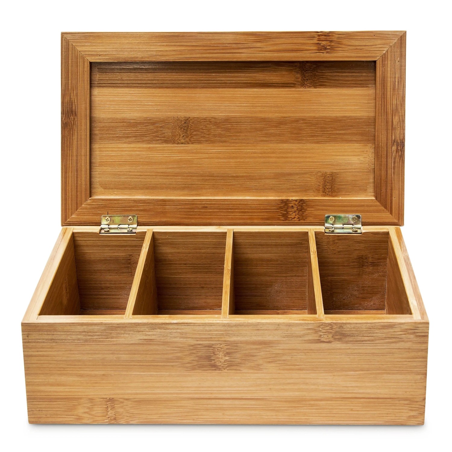 Offene Teebox aus lackiertem Bambus mit 4 Fächern für Teebeutel. Natürliche Holzmaserung, Metallscharniere.