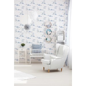 Kinderzimmer mit Vliestapete mit Tieren in Blau und Grau. Dekorative Tapete mit Elefanten und Bäumen.