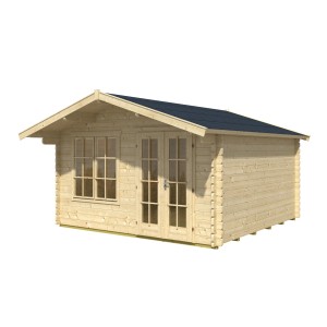 Skan Holz Gartenhaus Stavanger 2, naturbelassen, 380x380 cm. Holz-Gartenhaus mit Fenster und Doppeltür.