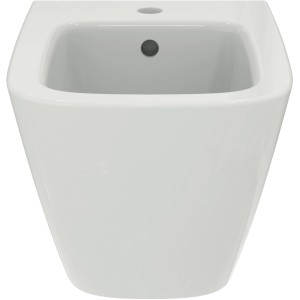 Weißes Ideal Standard i.life S Wand-Bidet mit Überlauf und Hahnloch.
