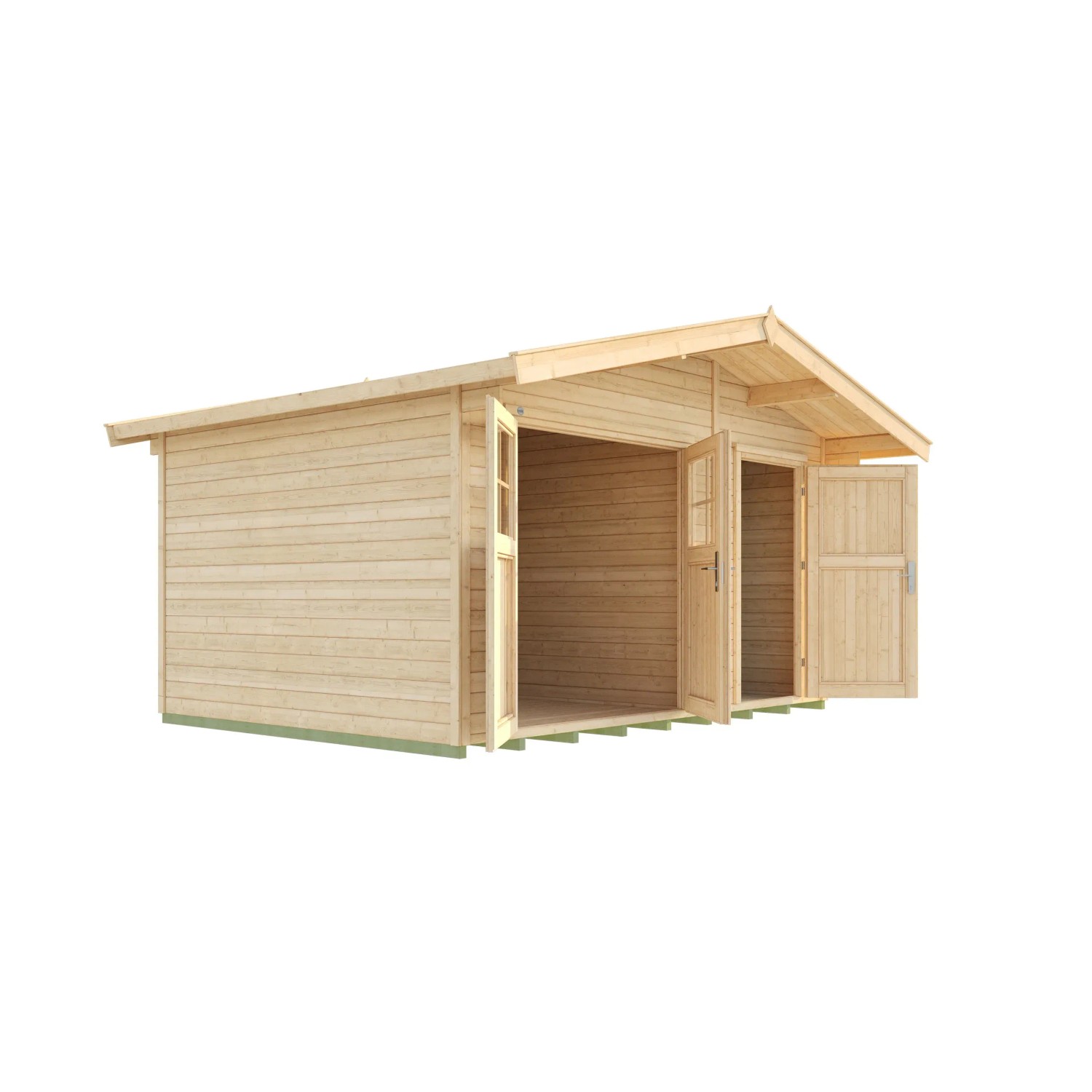 Unbehandeltes Weka Holz-Gartenhaus Lago mit Satteldach, 400x320 cm. Gartenhaus mit Doppeltür und Fenster.