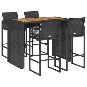 vidaXL Gartenbar-Set, 5-teilig, schwarz, Rattan und Akazie. Bar-Tisch mit 4 Barhockern für Garten oder Terrasse.
