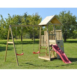 Wendi Toys Kinderspielturm Flamingo mit Rutsche, Schaukel und Kletterwand im Garten.