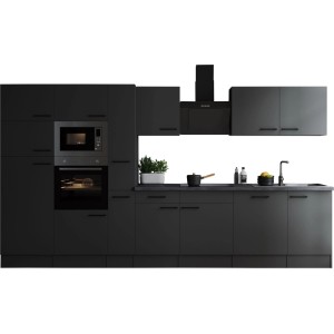 Respekta Küchenzeile Oliver 370 cm Grau Matt mit E-Geräten und Spüle.