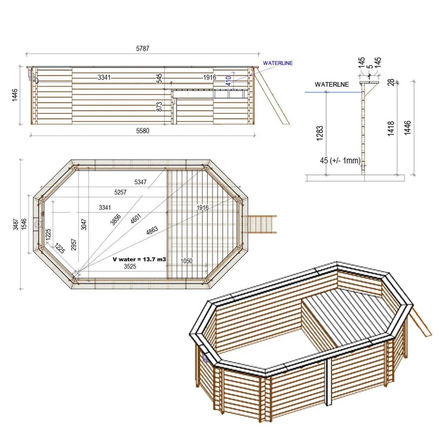 ALTANKA Holzpool Nemo 5,79x3,49 Höhe 1,45 m HELLBLAU mit Liegefläche mit am Beton Verschraubten Stützen BAS7304OSPL+PLA304_4