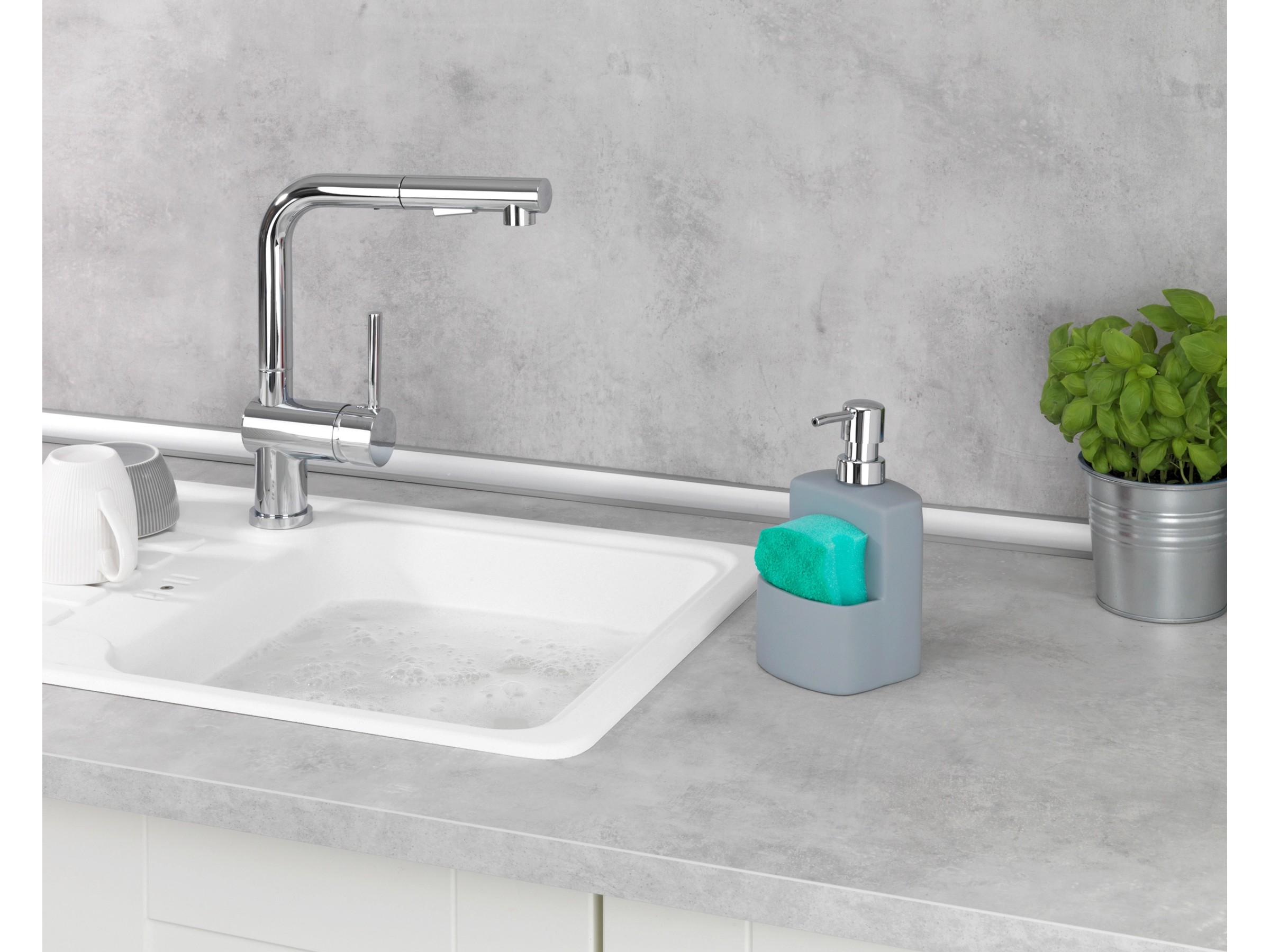 WENKO Spülmittelspender Festival Schwarz - Keramik Spender Mit Schwamm-Fach 380ml