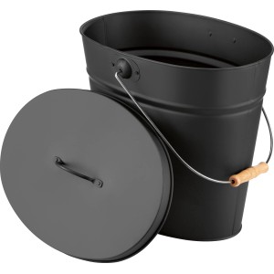 Schwarzer Ascheeimer (35x40x28 cm) aus Stahl mit Deckel und Henkel für Kamin- und Ofenzubehör.