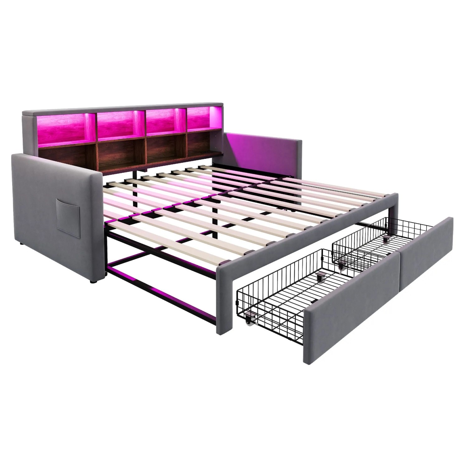Merax Schlafsofa 90/180x190cm LED Stauraum Schubladen Dunkelgrau