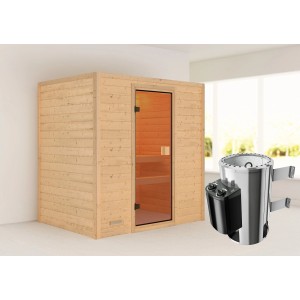 Karibu Sauna Selena aus Holz mit Ofen und Glastür für entspannende Saunagänge.