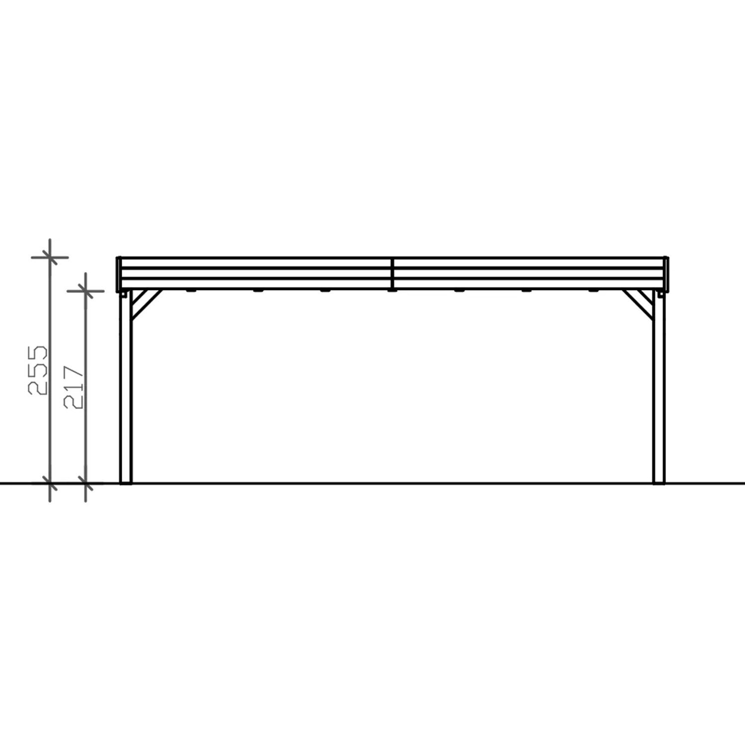 Technische Zeichnung: Skan Holz Carport Grunewald, 622x796 cm, Eiche Hell, mit Höhenangaben.