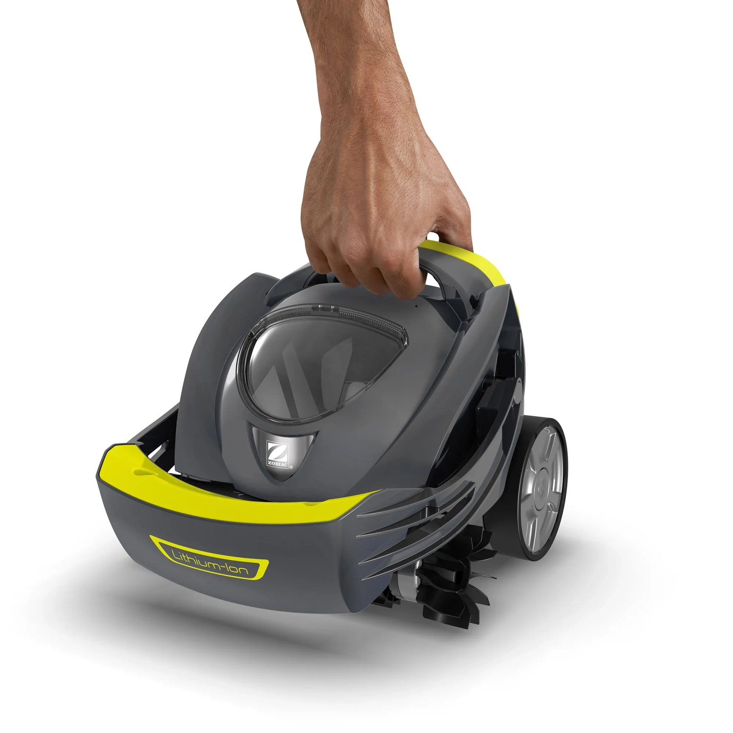 Zodiac Akku-Reinigungsroboter OS 0800 Spabot für Whirlpools, schwarz, wird von einer Hand getragen.
