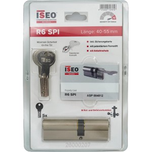 Iseo Profilzylinder R6 SPI 40/55 im Set mit 5 Schlüsseln, Sicherungskarte und Befestigungsschraube.