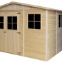 Timbela Gartenhaus M336 aus Holz, 11,97 m², mit Fenstern, ohne Boden. Unbehandeltes Holz mit Doppeltür.