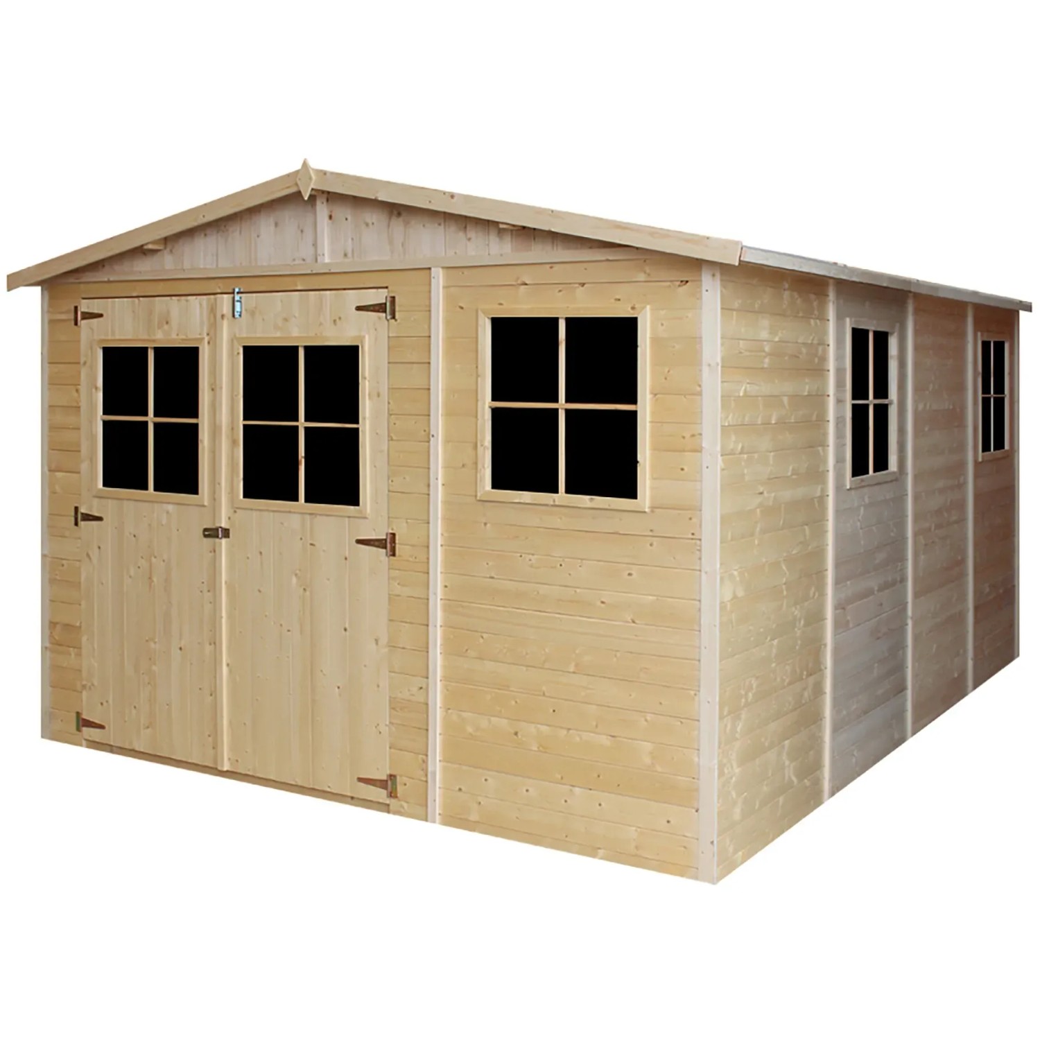 Timbela Gartenhaus M336 aus Holz, 11,97 m², mit Fenstern, ohne Boden. Unbehandeltes Holz mit Doppeltür.