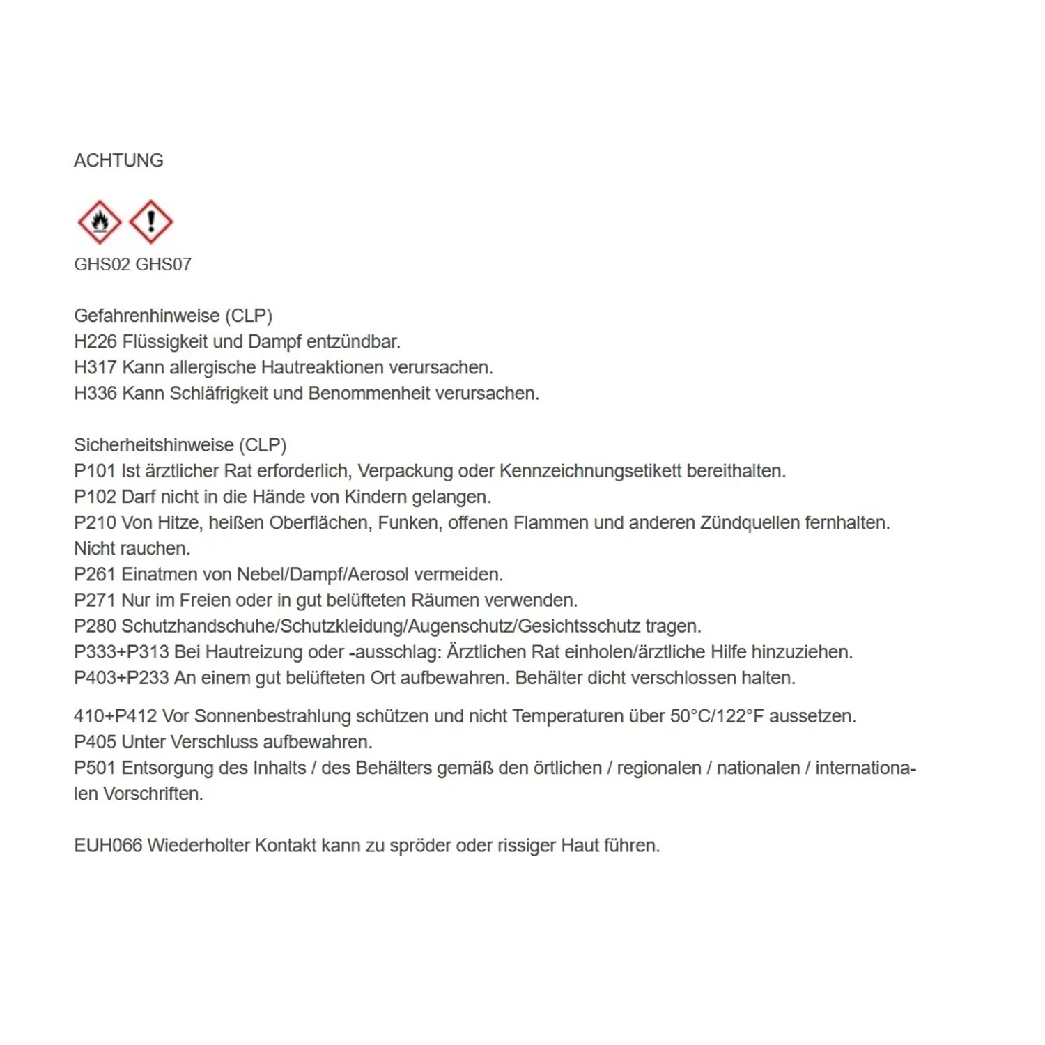 Sicherheitshinweise und Gefahrenhinweise für chemische Produkte. Flüssigkeit und Dampf entzündbar.