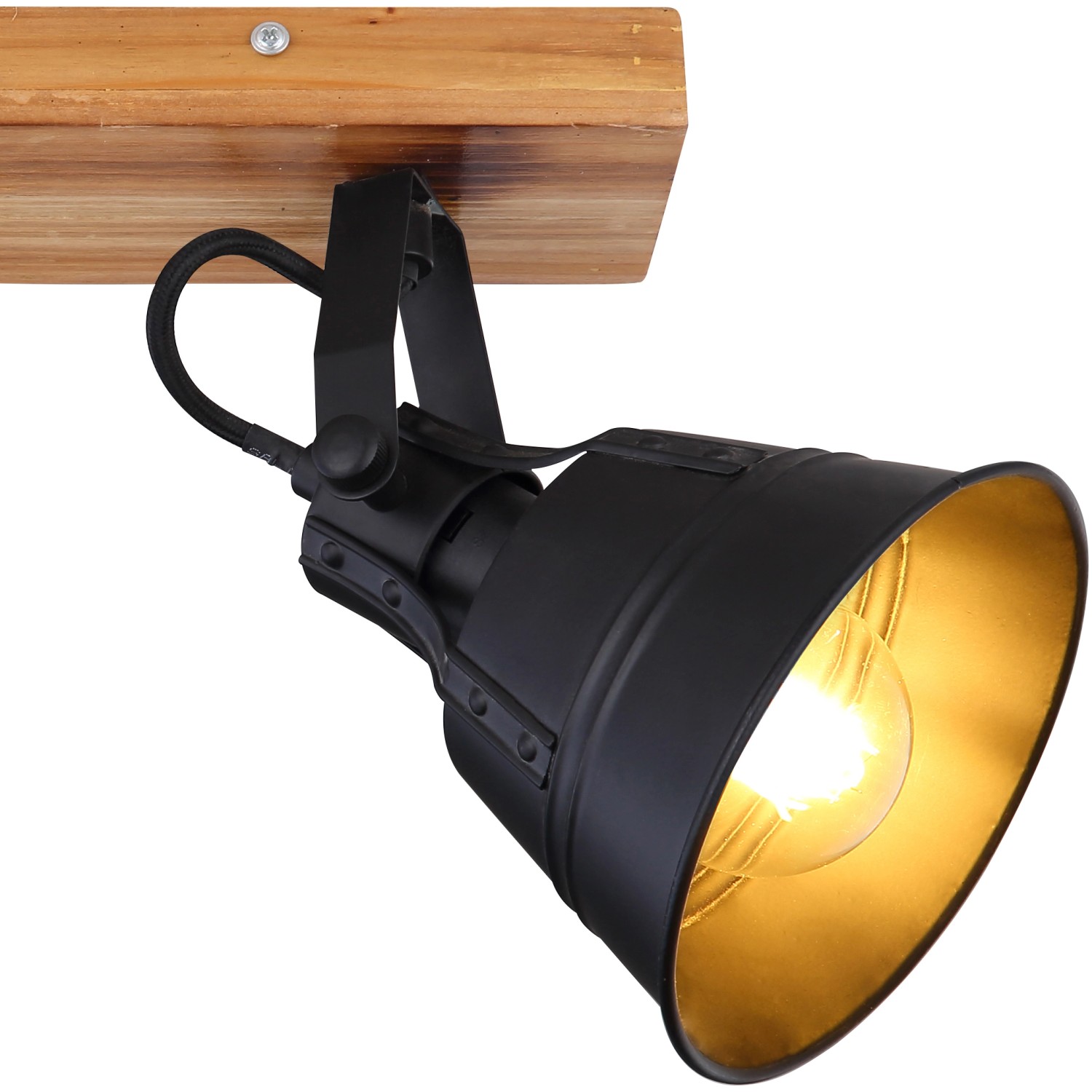 Globo Spot Günther 2er, braun-schwarz, Vintage-Deckenleuchte mit Holz und goldenem Lampenschirm.