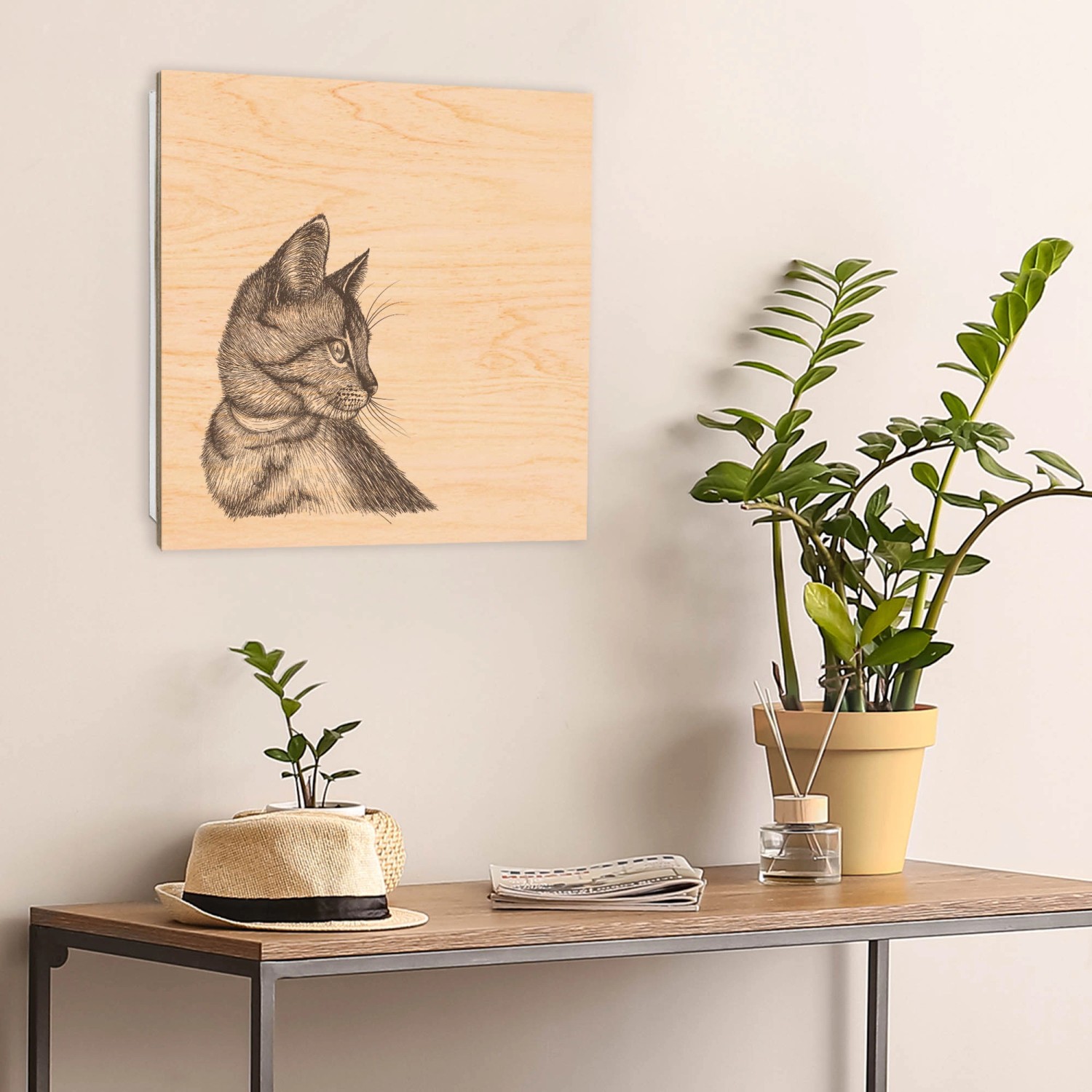 Banjado Schlüsselbox Holz, 30x30cm, weiß, mit Katzenillustration. Schlüsselkasten mit 50 Haken.