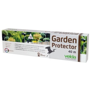 Velda Garden Protector Elektrozaun 40m, Produktverpackung. Weiß-brauner Karton mit Reiher-Silhouette und Gartenmotiv.