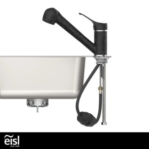 Eisl Spültischarmatur Granit Schwarz mit Geschirrbrause und Spülbecken.