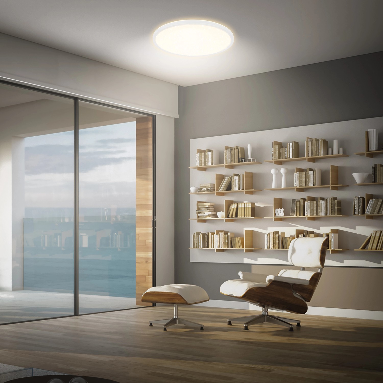 Dimmbares, weißes Brilo LED-Panel Slim Sternenhimmel, montiert an einer Decke in einem Wohnzimmer.