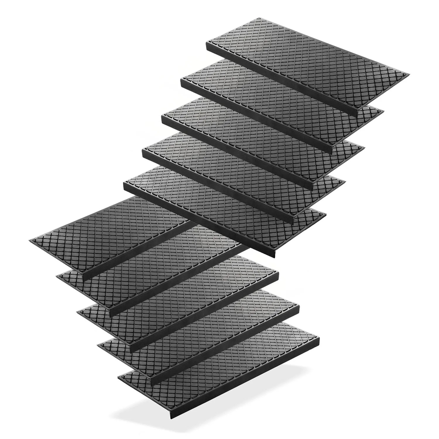 10 schwarze Gummi Stufenmatten, 75x25cm, mit Karo Design. Rutschfeste Treppenstufenmatten für innen & außen.
