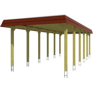 Skan Holz Carport Spreewald mit roter Blende, Holzkonstruktion mit vielen Pfosten.