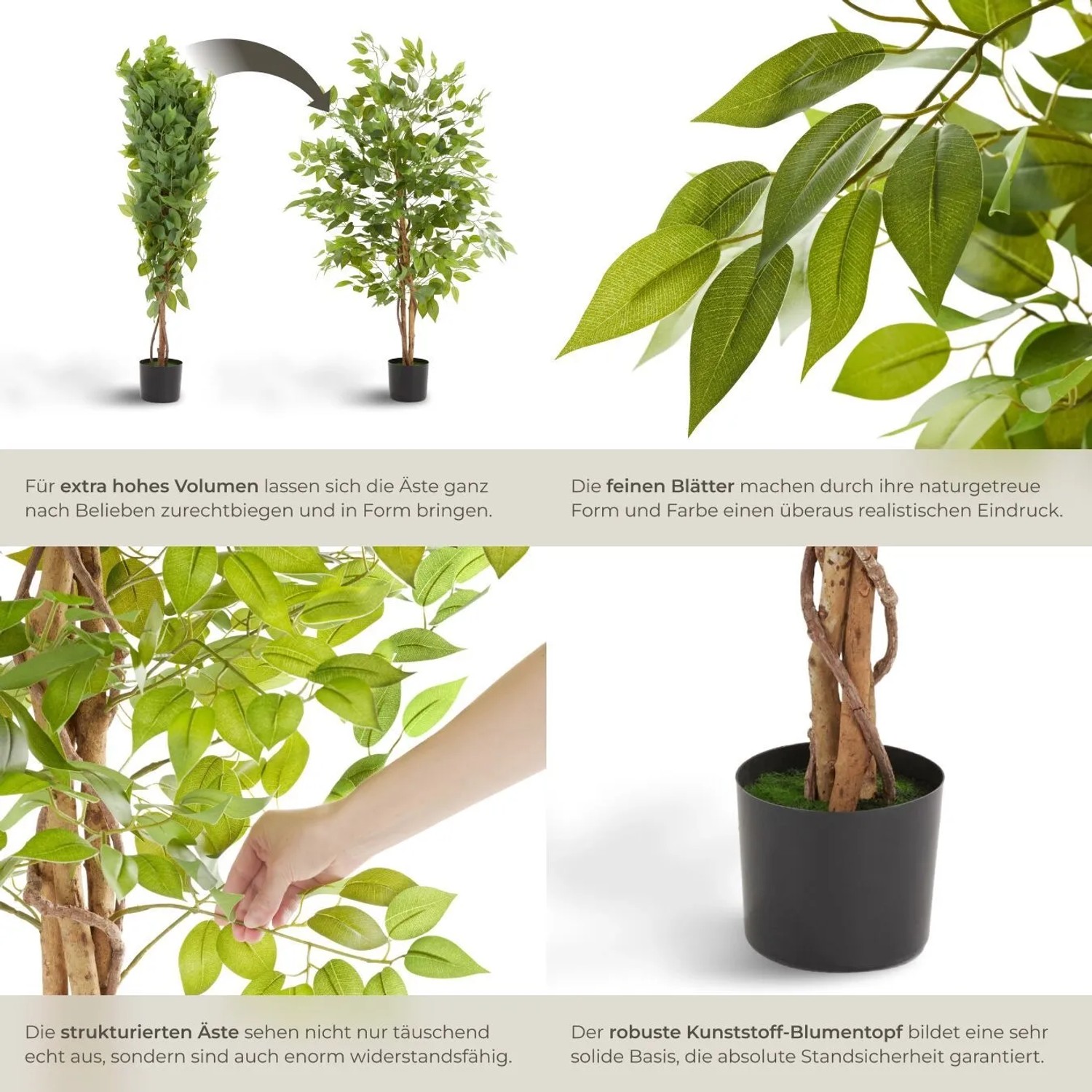 Tectake Künstlicher Ficusbaum Fida Verschiedene Größen Detailliert und Naturgetreu  70 x 70 x 120 cm Grün_4