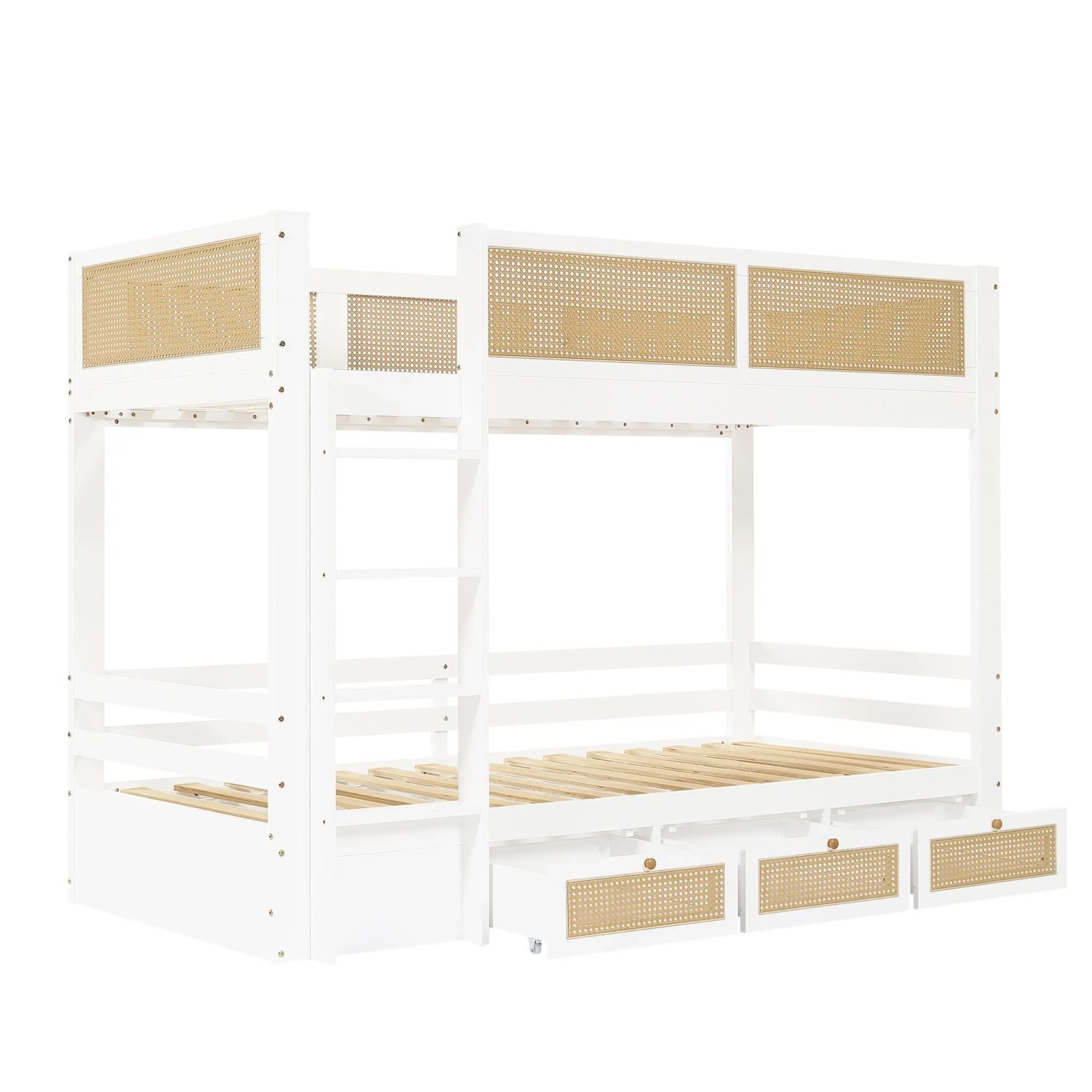 okwish Etagenbett 90x200cm mit Schubladen Rattanzaun Kinderzimmer Weiß ohne Matratze