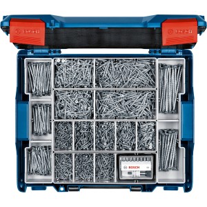 Offener Bosch Schraubenkoffer-Set mit Spanplattenschrauben und Universalschrauben in Fächern.