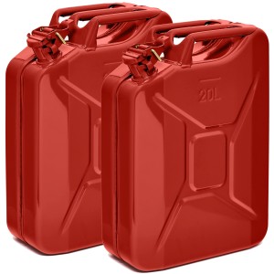 Zwei rote 20L BW Metall Kraftstoffkanister für Benzin, Diesel und E10.