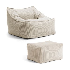 Beiger Cord Sitzsack Sessel mit Hocker, ideal als bequemer Gartenstuhl oder Lesesessel.