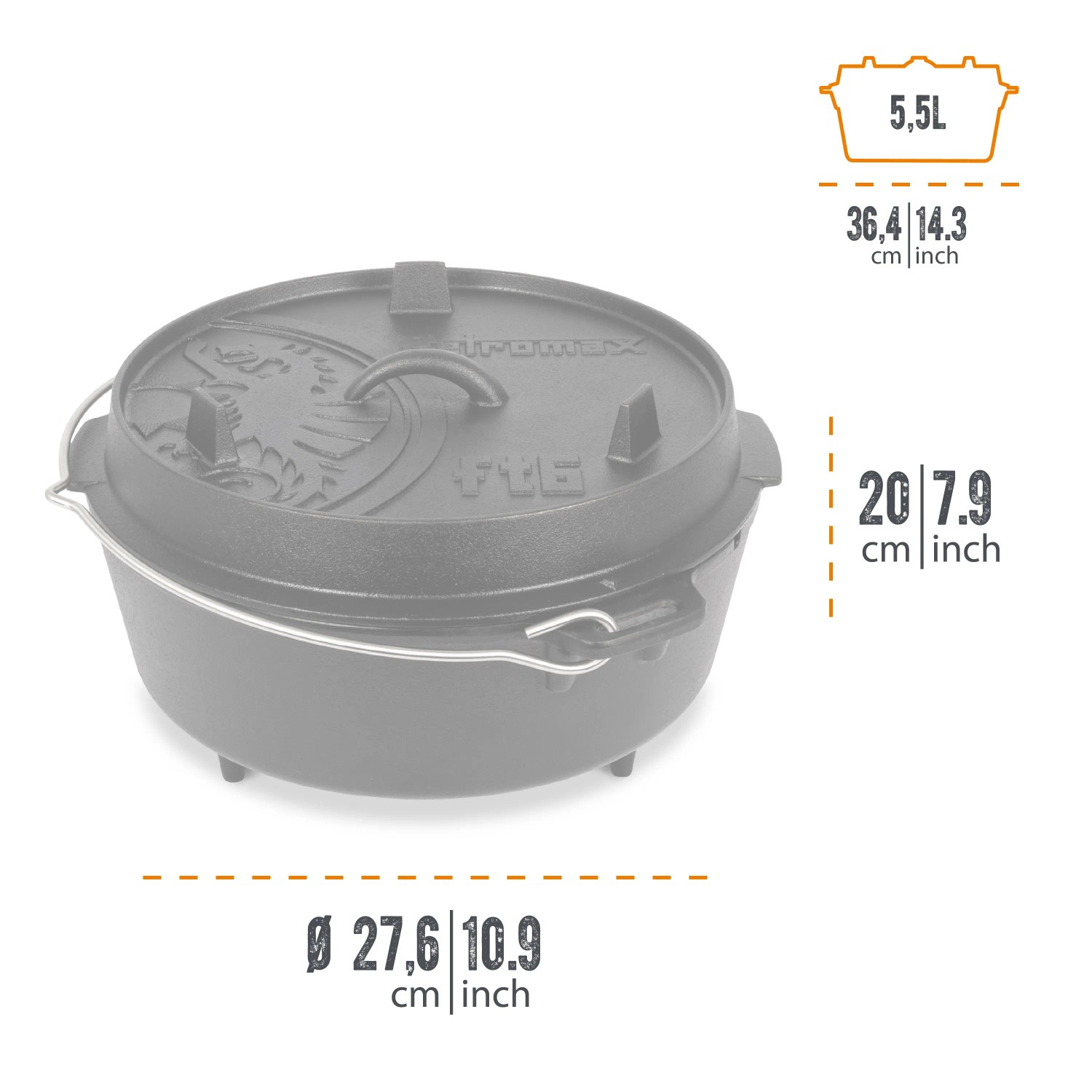 Petromax Dutch Oven FT6, 5,5 l, schwarz, mit Füßen. Gusseisen-Topf für Lagerfeuer und Grill.