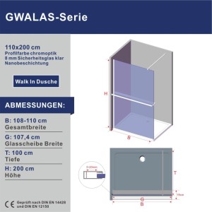 Technische Zeichnung Aquabatos Walk In Duschkabine 110x200cm. 8mm Glas Duschwand, Chromprofil, Ablage, Nano.