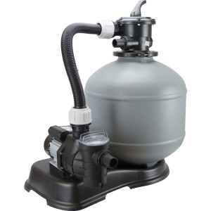 Sandfilteranlage für Steinbach Styropor Pool-Set, Filter und Pumpe auf schwarzer Basis.