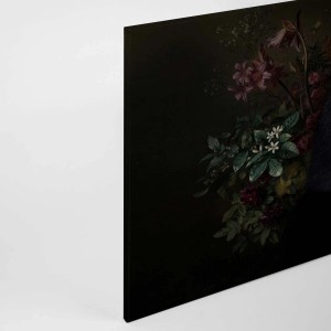 Leinwandbild: Gorilla mit Blumen, modernes Stillleben in Schwarz für Wohnzimmer & Schlafzimmer. Wanddekoration.
