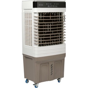 Mobiler Luftkühler, 60 l, weiß-braun, mit Rollen und LED-Display. Klimagerät für bis zu 60 m².