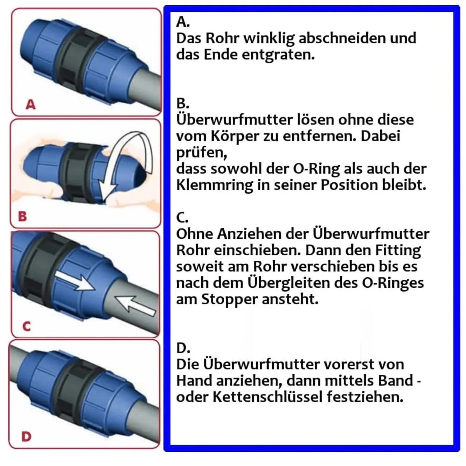 Montageanleitung für Cepex Verschraubung, 90° Winkel, Kunststoff, schwarz, für PP-PE Rohre.