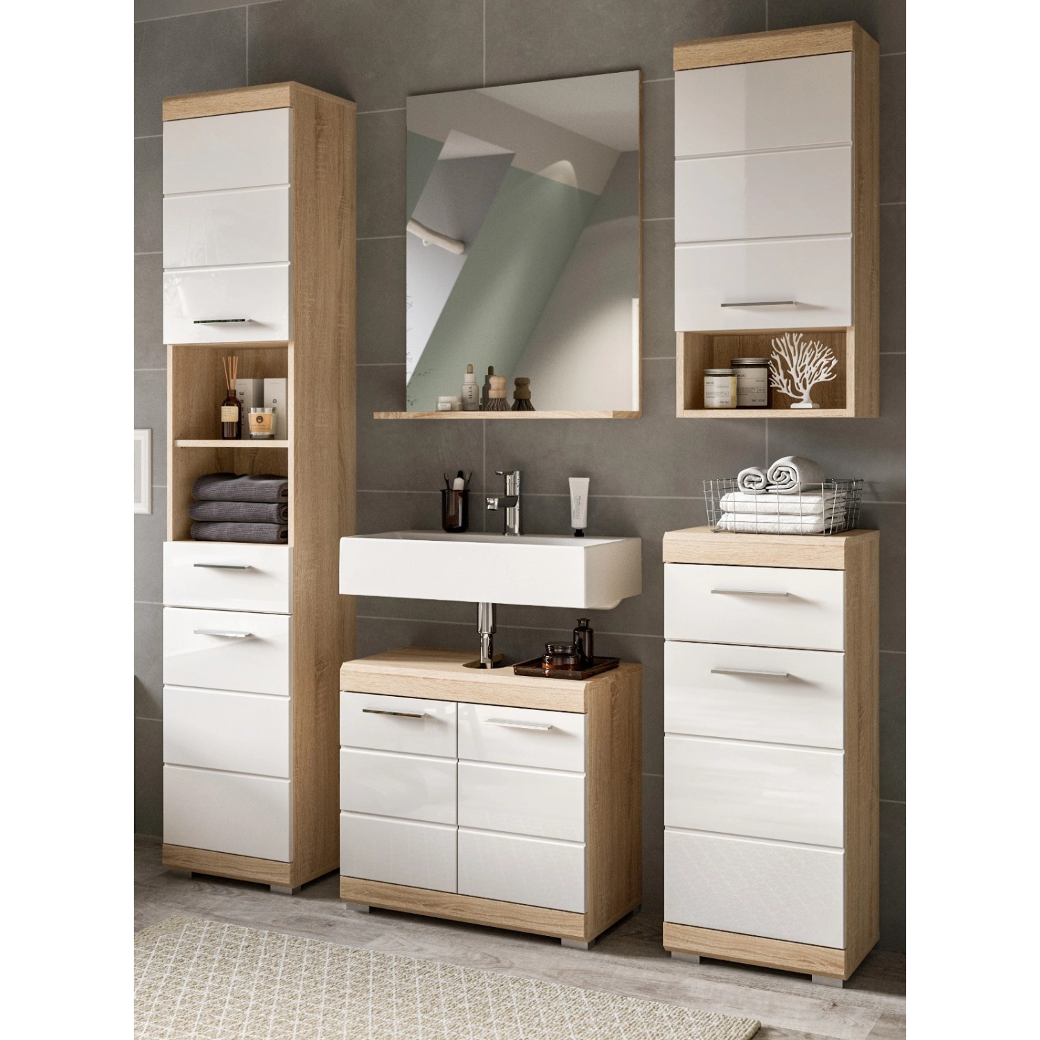 Inn.Furn Badmöbel Set 5-teilig in Weiß Hochglanz und Eiche 164 cm Mambo günstig online kaufen