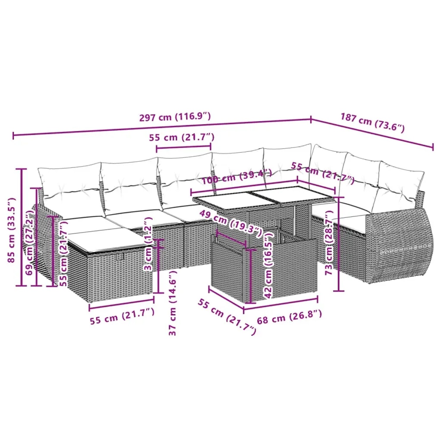 vidaXL 9-tlg. Garten-Sofagarnitur, schwarzes Poly Rattan mit Kissen, Maße eingezeichnet.