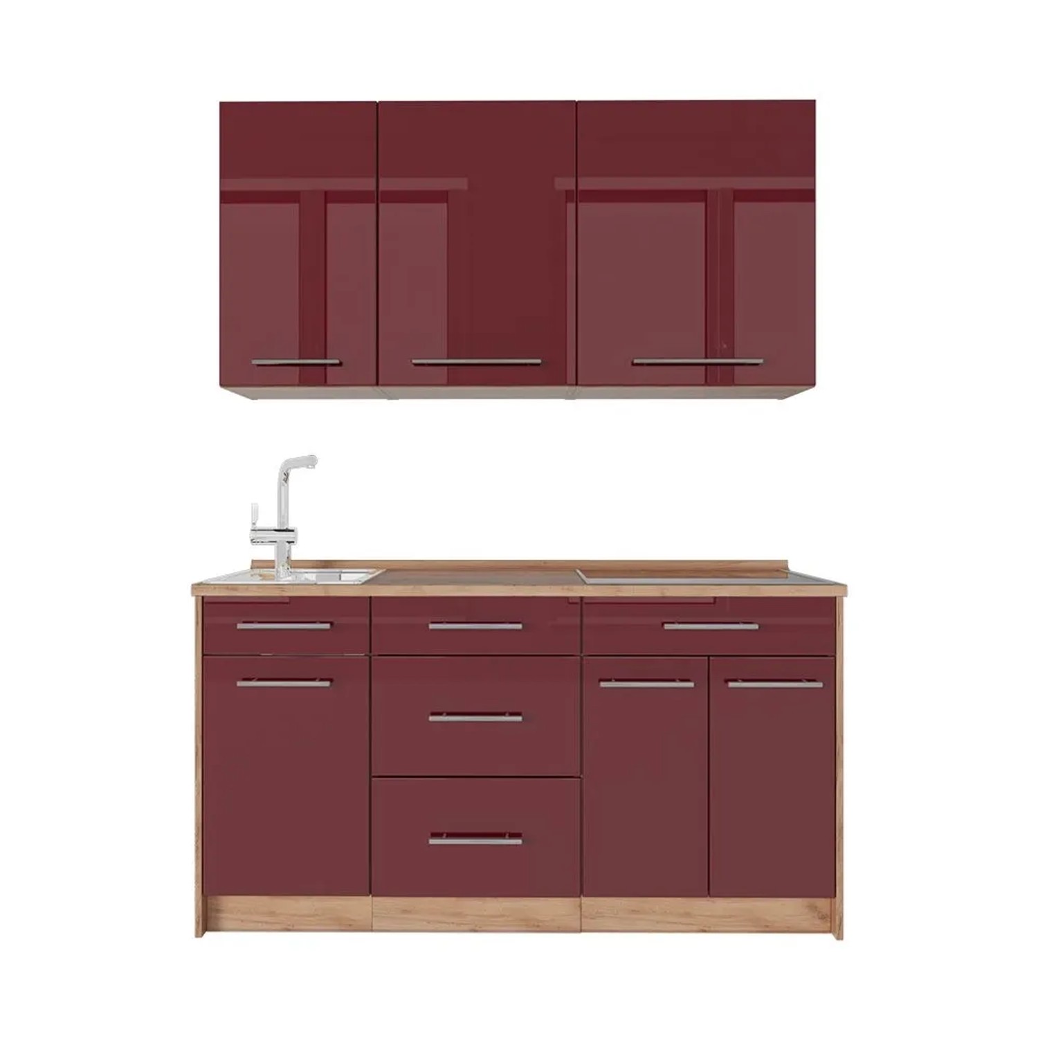 Vicco Singleküche Fame-Line Bordeaux Hochglanz/Goldkraft Eiche 150 x 82 ohne Arbeitsplatte Art Nr 64794