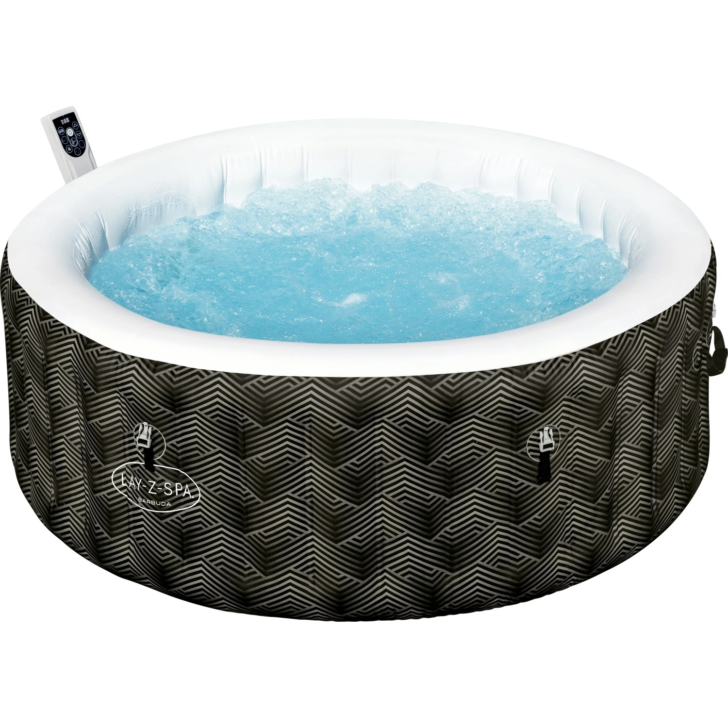 Bestway Lay-Z-Spa Barbuda AirJet, aufblasbarer Whirlpool mit Rautenmuster und blauem Wasser.